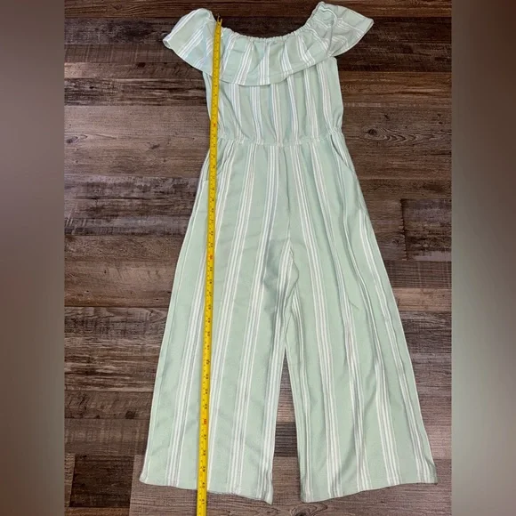 Girls Size 10 Mint Green Stripe Off Shoulder Ruffle Jumpsuit Wide Leg Romper - Picture 5 of 5